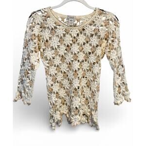 Escio Crochet Floral Knit Sweater Cottagecore Boho Cream Small